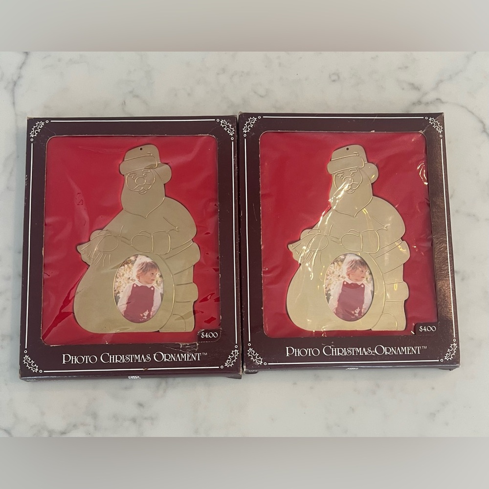 Vintage 1979 Santa Christmas Photo Frame Ornament Charles D Burnes 2 Pack